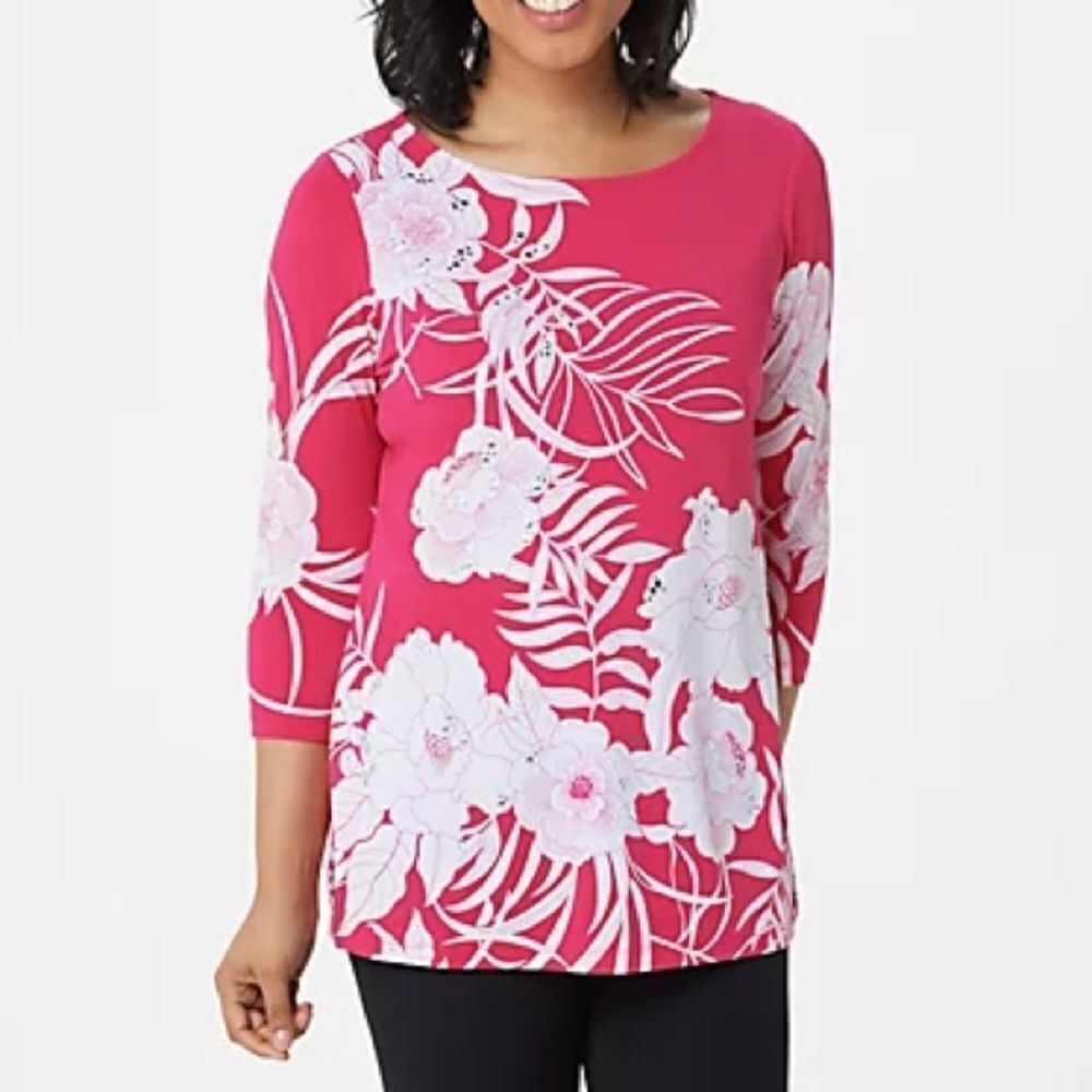 Dennis Basso Printed Caviar Crepe 3/4-Sleeve Tunic